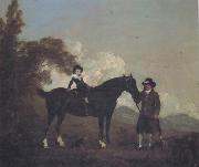 Thomas Gooch A Child on A Hunter Held by a Groom and Tow Terriers in a Landscape oil painting on canvas
